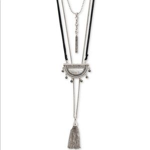 LUCKY BRAND LAYERED TASSLE NECKLACE - SIVER TONED - LEATHER